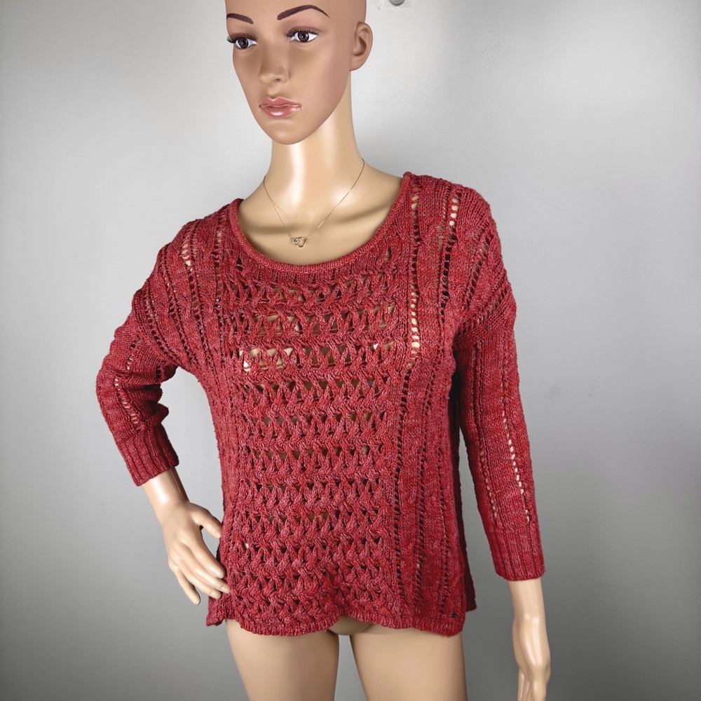 Red/Orange Crochet Knit Sweater Women's Open Weave Boat Neck 3/4 Sleeve‎
